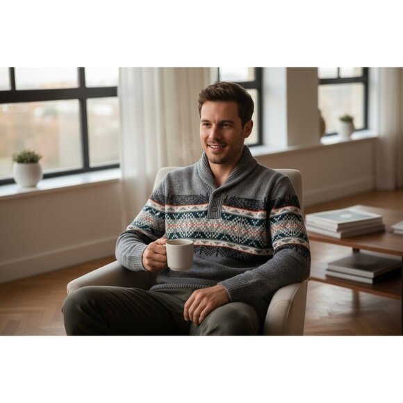 American Eagle Mens Gray Fair Isle Shawl Collar Sweater L Cotton/Wool Blend EUC - Picture 3 of 14